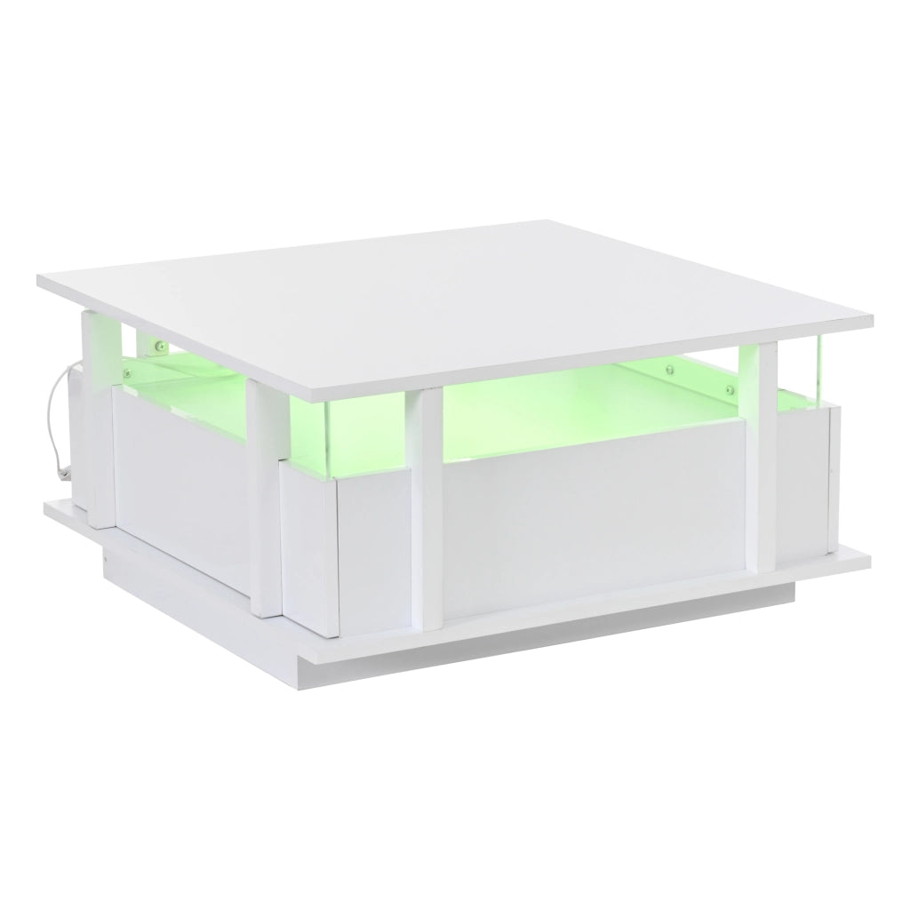 TAVOLINO Quadrato 70x70x35 cm Bianco lucido con 2 cassetti e illuminazione LED