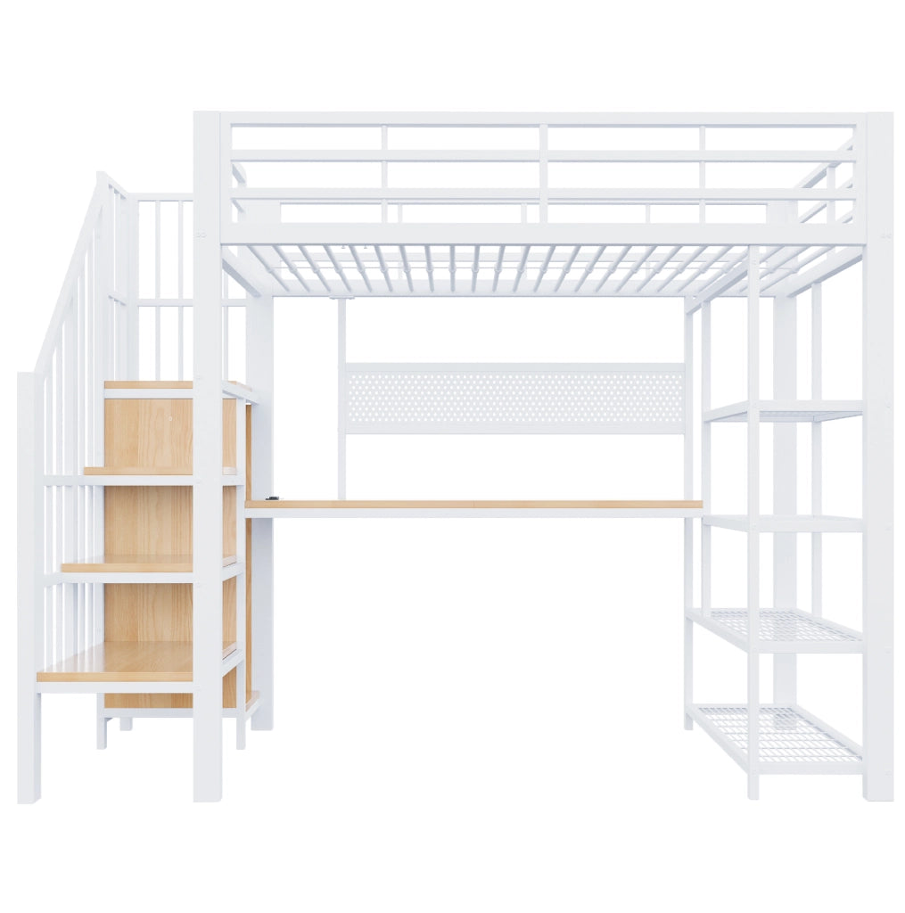 Letto a soppalco multifunzione 90x200 cm con scala contenitore; LED e prese; bianco