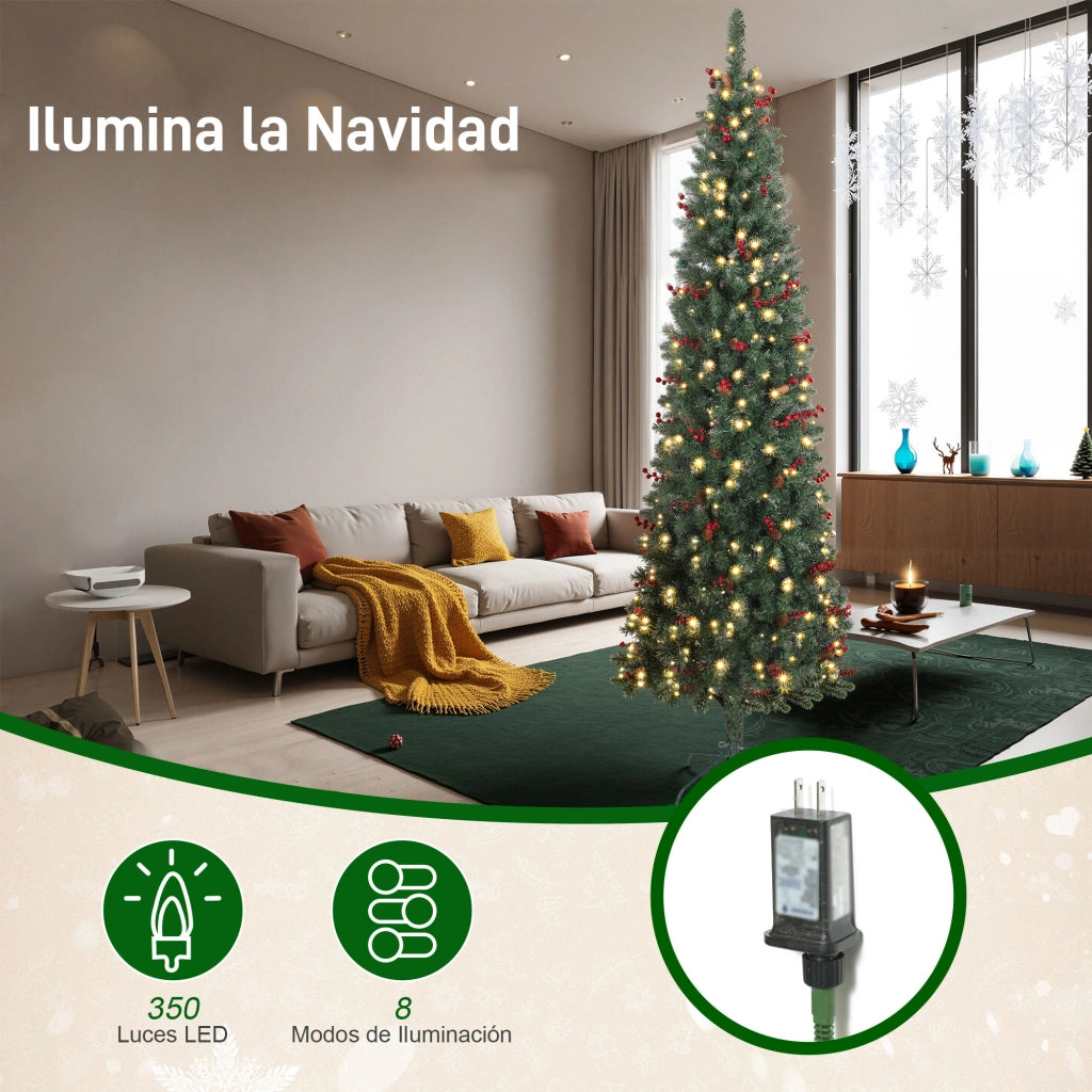 Albero di Natale Artificiale 230 cm con Luci LED 761 Rami Pigne Bacche e Base ¨C Xylo ¨C Verde