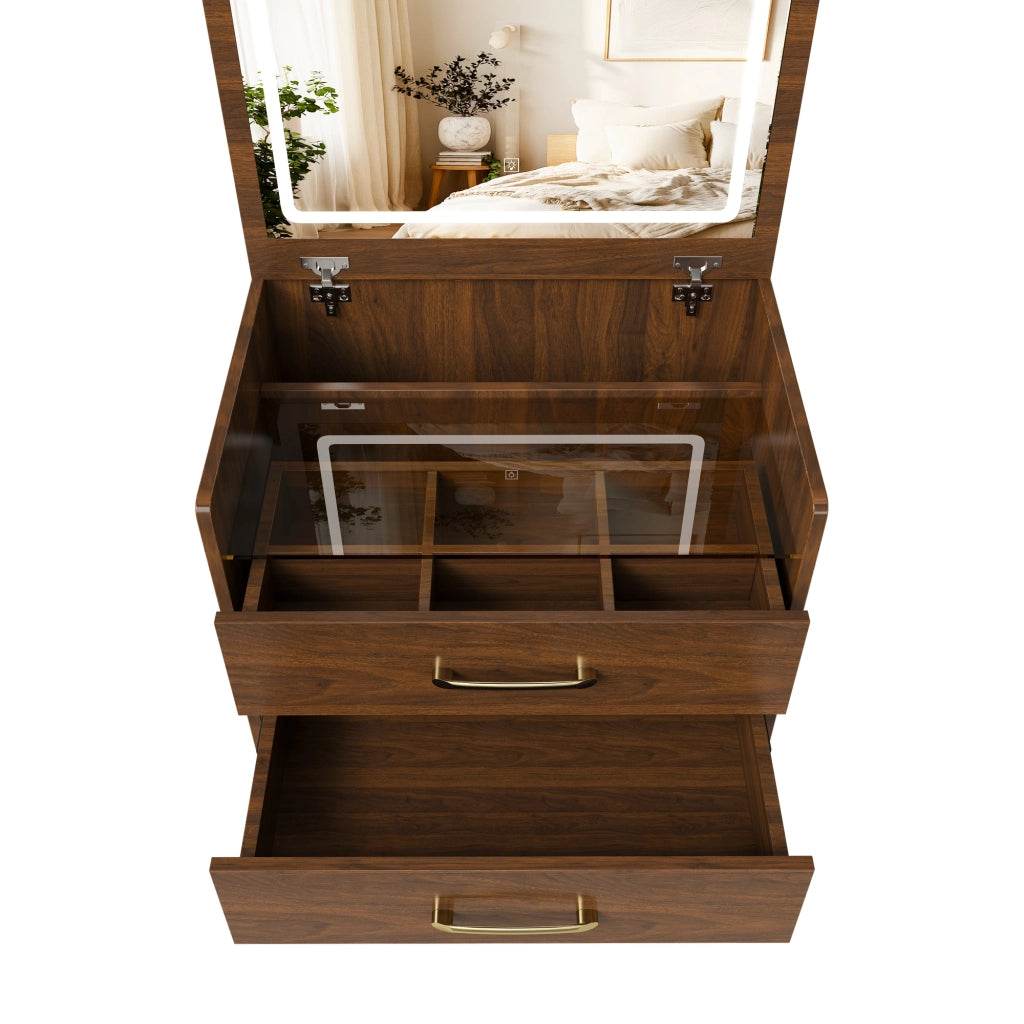 Toeletta con specchio apribile; 3 cassetti; vano contenitore e sgabello; per camera da letto; in MDF; noce; 60×40×118 cm
