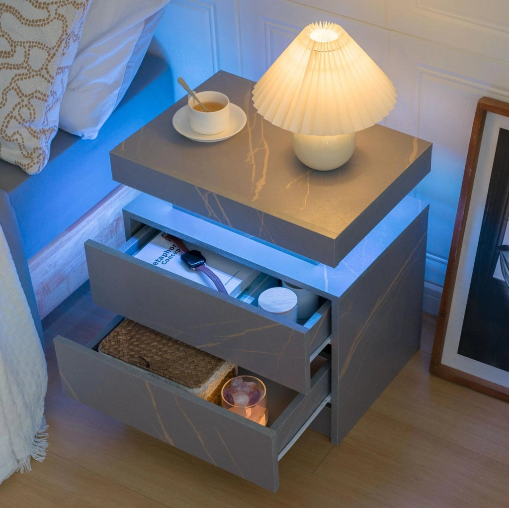 Comodino LED 59x45x20 cm con luci regolabili in legno ingegnerizzato grigio oro