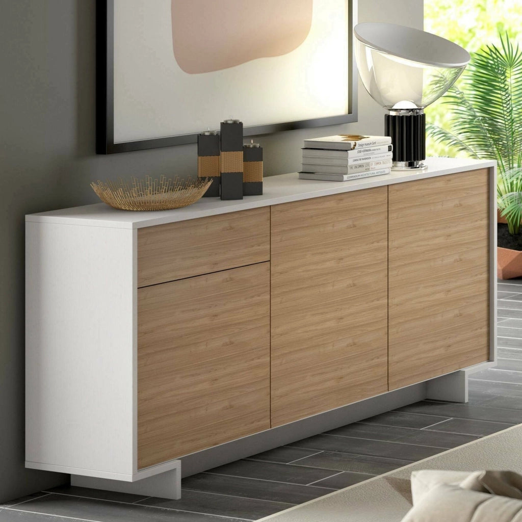 Credenza Aronne, Madia da salotto, Buffet da soggiorno a 3 ante e 1 cassetto, 100% Made in Italy, 170x42h78 cm, Bianco e Rovere
