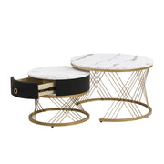 Tavolini da Salotto a Incastro Quadrati con 1 Cassetto; Effetto Marmo; Piedini Metallo Regolabili; in MDF; Bianco; 70×70×45 cm