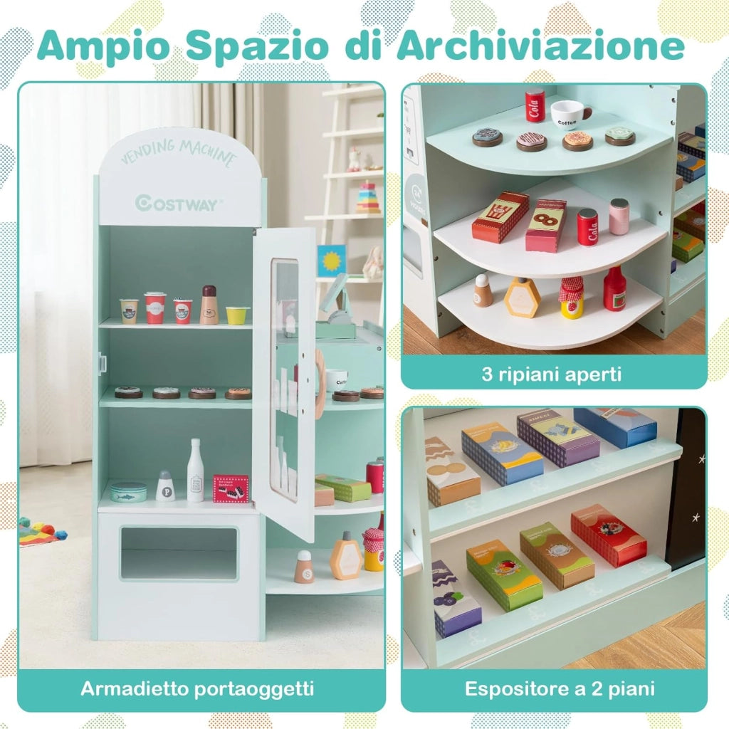Negozio Alimentare per Bambini, Set di Giocattoli Supermercato in Legno con Cassa, Macchina POS, Distributore Automatico, Lavagna Scrivibile, per Bambini 3-8 Anni (Verde)