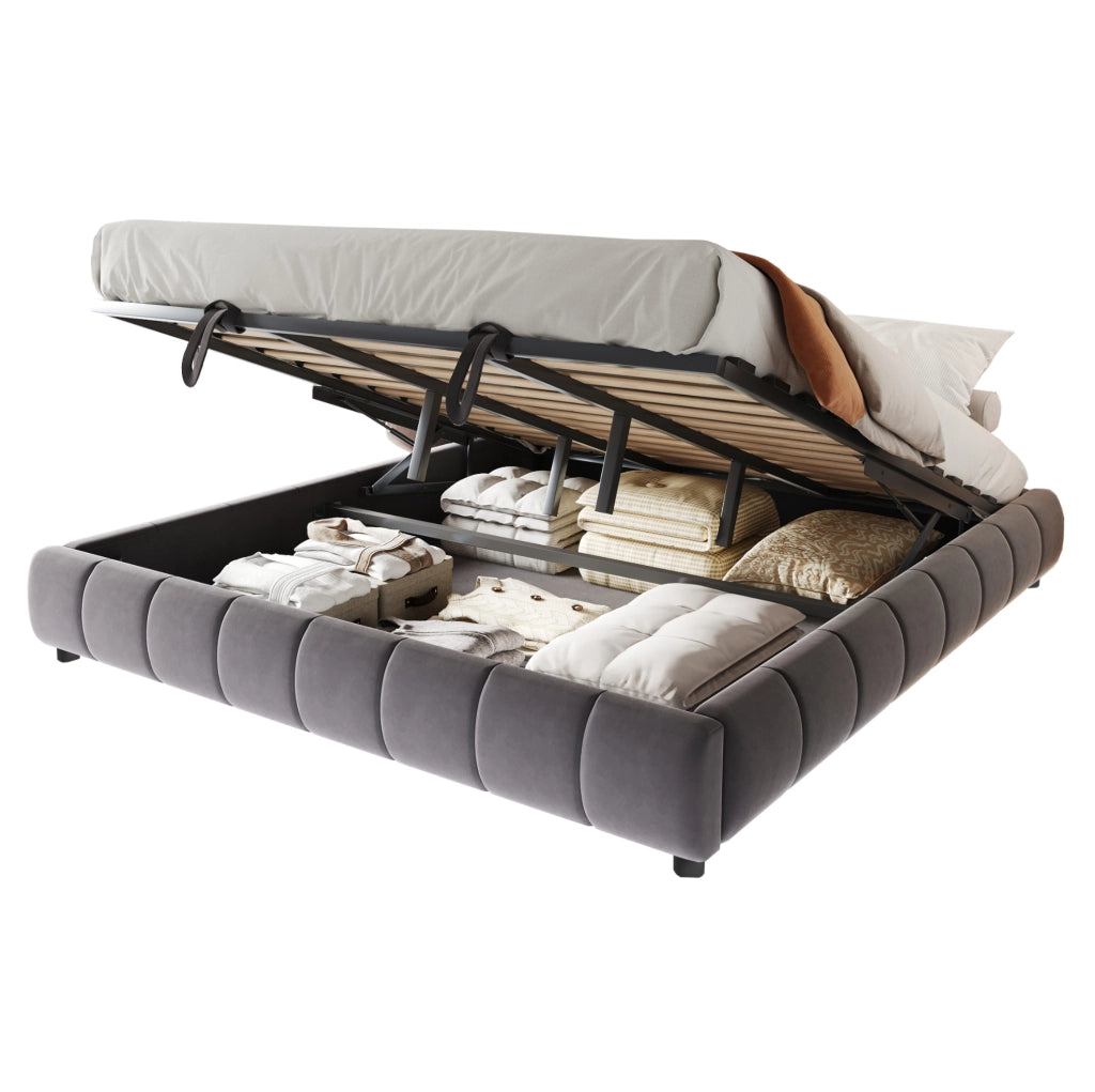 Letto imbottito 180x200 cm con contenitore; LED; senza testiera in flanella grigio