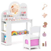 Set tavolo da trucco principessa e sedia con 2 cassetti e libreria a 2 ripiani, Toeletta per bambini con luci Bianco