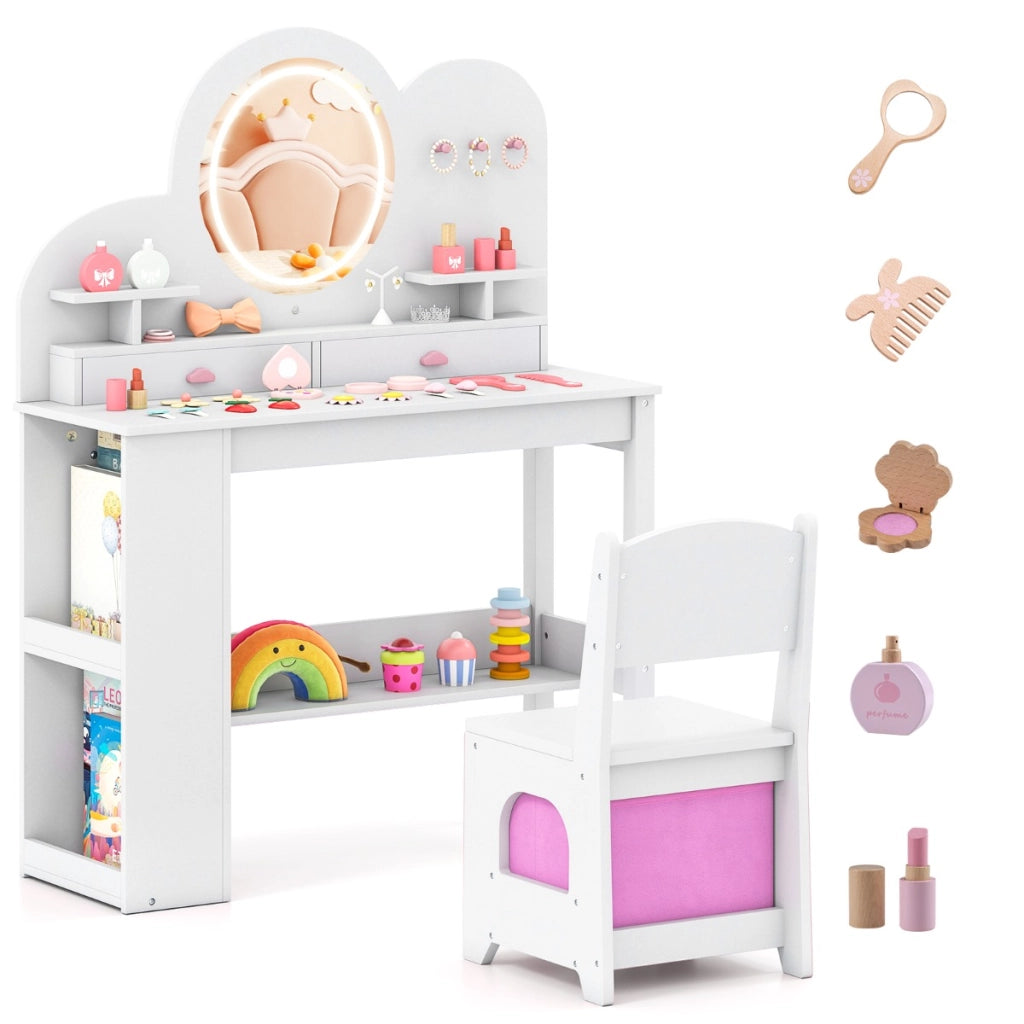 Set tavolo da trucco principessa e sedia con 2 cassetti e libreria a 2 ripiani, Toeletta per bambini con luci Bianco