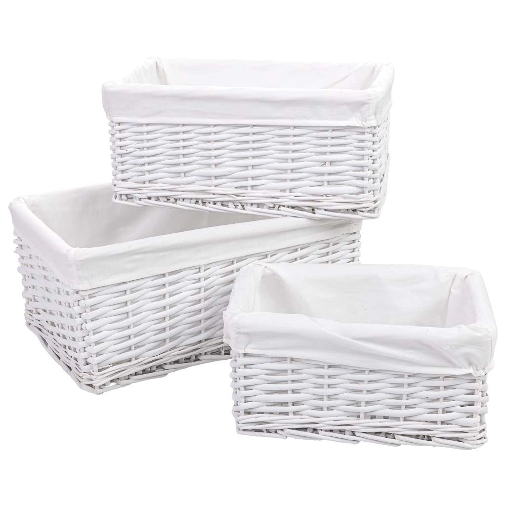 Set di 3 cestini in vimini bianchi: A: 40x28x18 cm, B: 35x23x16 cm, C: 28x18x14 cm