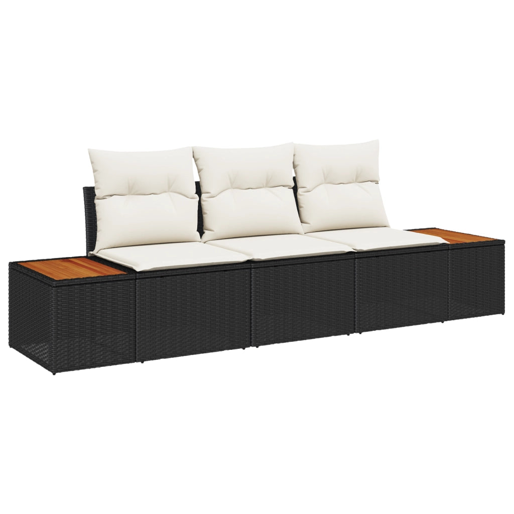 Set Divano da Giardino a 3 Pezzi con Cuscini Nero Polyrattan Acacia