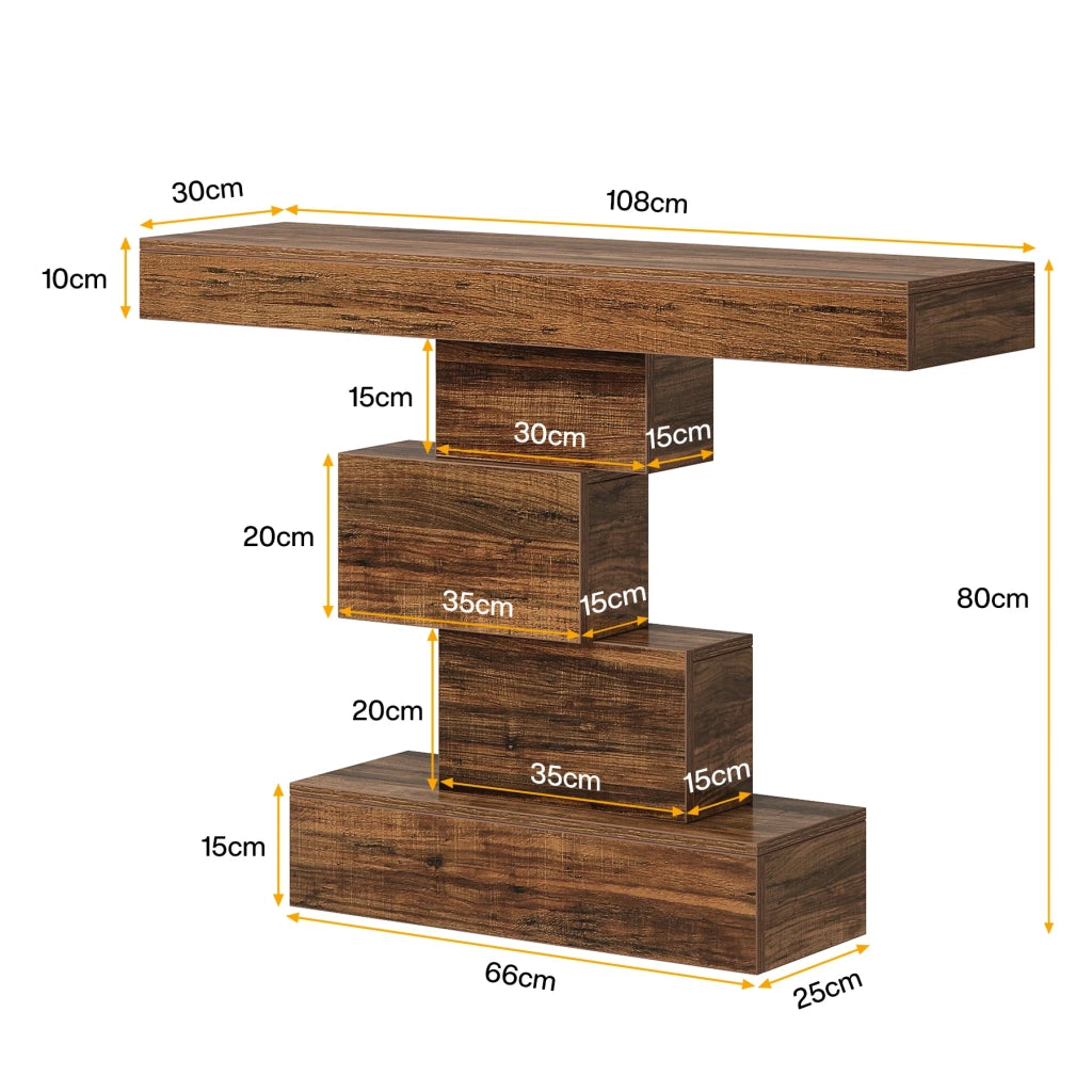 Consolle con struttura geometrica e ripiano decorativo per ingresso e soggiorno in legno marrone scuro 108 × 30 × 80 cm