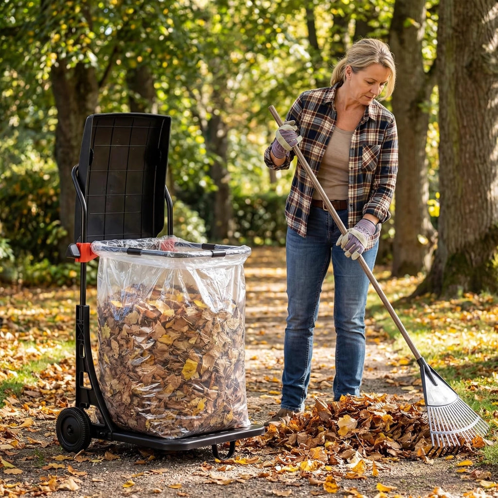 Carrello Portasacco Immondizia da Giardino, Supporto Porta Sacchi di Diverse Dimensioni, con Ruote, Coperchio e Altezza Regolabile, Carriola per Foglie, Rifiuti, Raccolta Differenziata