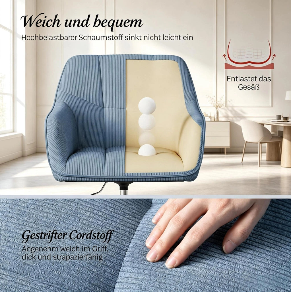 Sedia da ufficio girevole in velluto blu con schienale ergonomico e altezza regolabile
