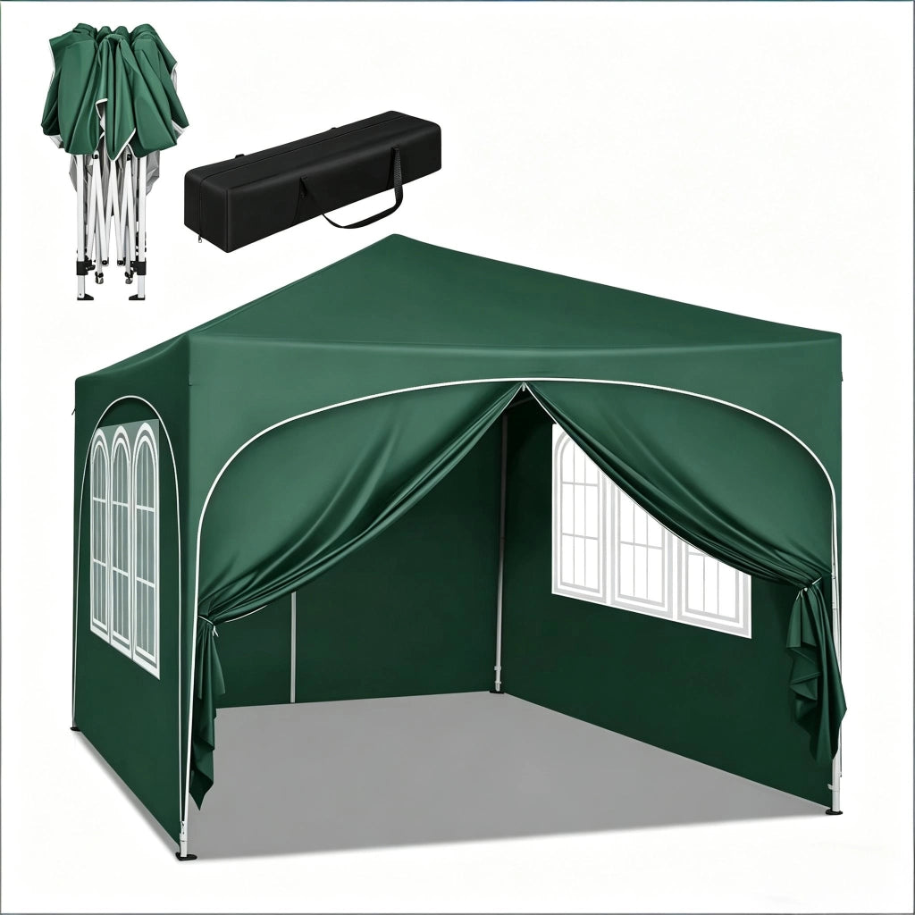 Gazebo da Giardino Pieghevole 3x3 m Verde con Pareti Laterali, Struttura in Metallo e Tessuto Oxford 210D