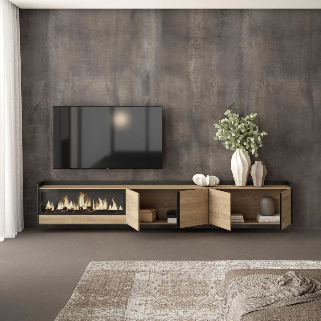Mobile TV Soggiorno, 315x50x35 cm, Per TV fino a 80", Camino elettrico XXL, Sospeso, da appendere, Rovere e nero