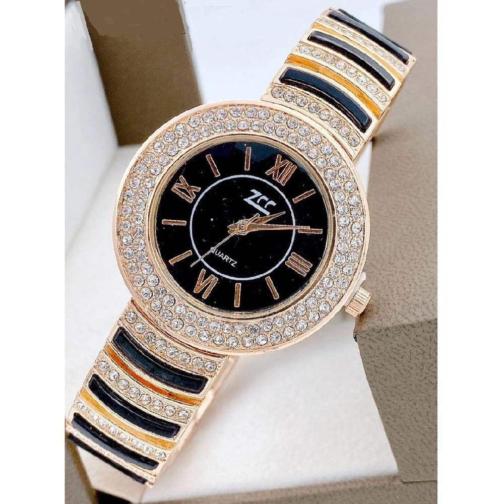 Trade Shop - Orologio Da Polso Zcc Donna Quarzo Acciaio Analogico Moda Brillantini Rosa Nero -