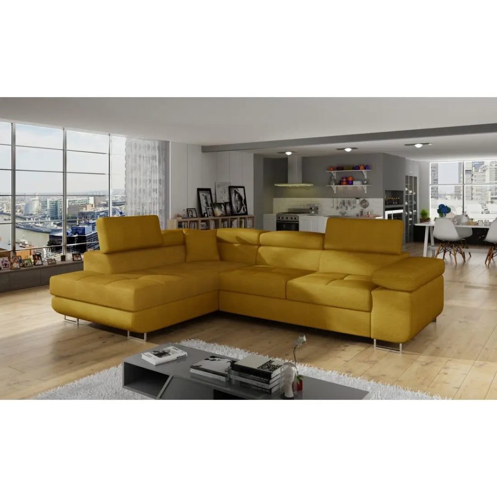 Divano angolare trasformabile MENTON giallo bouclé – Angolo sinistro con baule