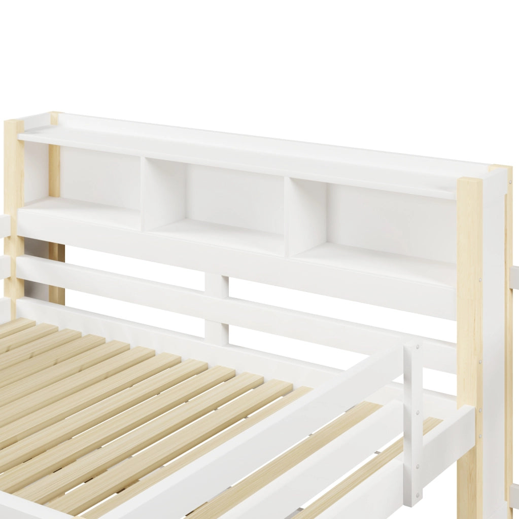 Letto a soppalco ULEVR 140x200 cm con LED, scala contenitore e vano aperto, bianco e naturale