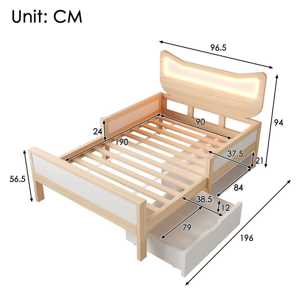 Lettino per bambini con orecchie da gatto e luci LED 90x190 cm in legno di rovere e bianco