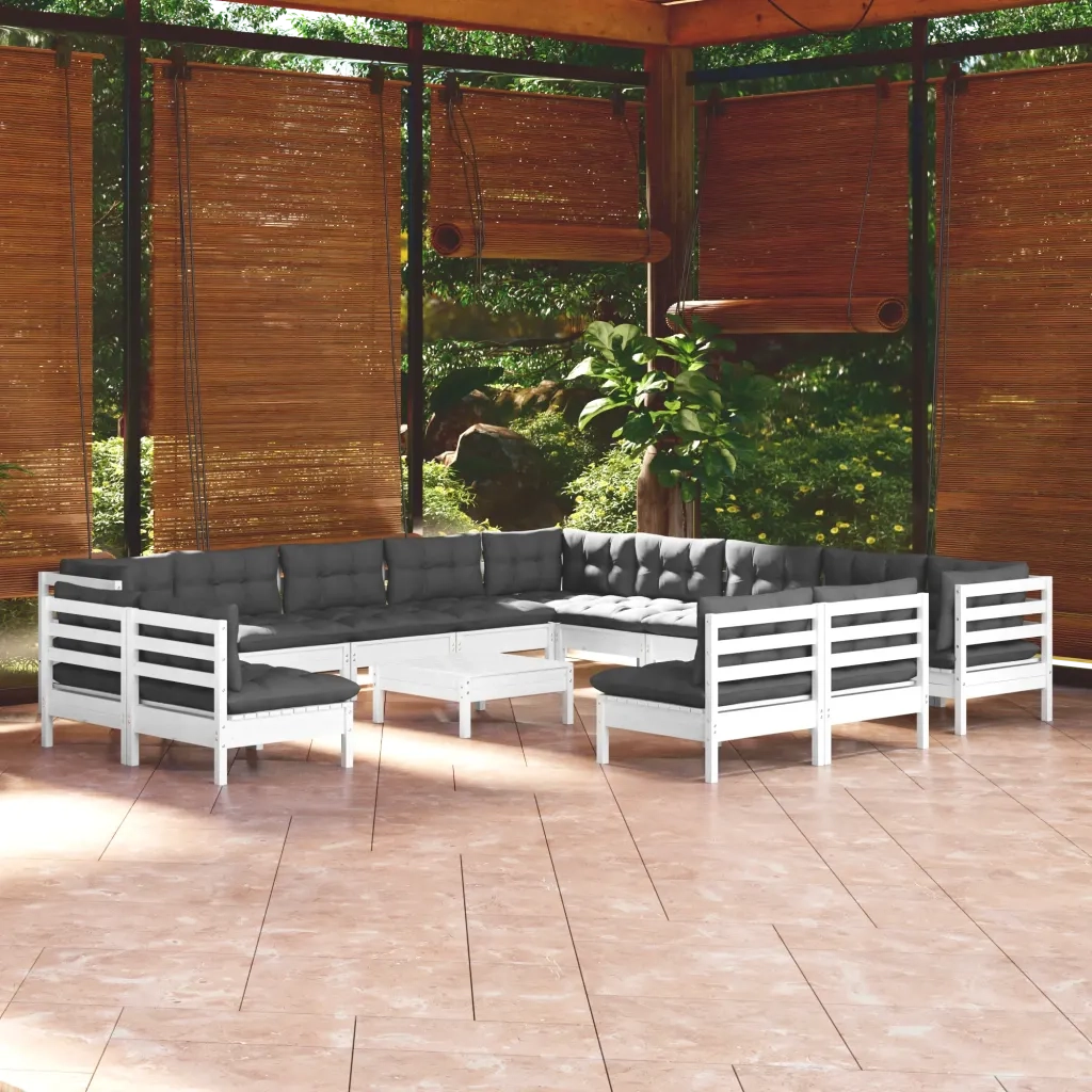 Set Divani da Giardino 14 pz con Cuscini Bianchi Legno di Pino 3096894