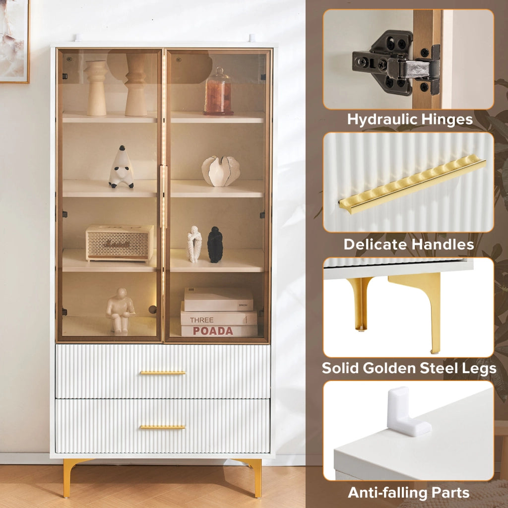 Vetrina con 2 Ante; 2 Cassetti; 3 Ripiani di cui 2 Regolabili e LED; per Soggiorno; in Pannelli; Bianco; 70 x 35 x 150 cm