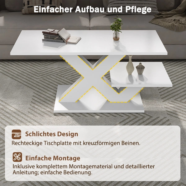 Tavolino basso rettangolare con doppio piano e struttura a x, in MDF lucido, per soggiorno, bianco 100 × 48 × 45 cm