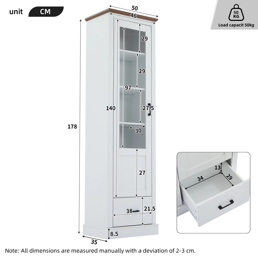 Vetrina LED con USB; 178x50x35 cm; MDF bianco opaco e vetro temprato; 5 ripiani