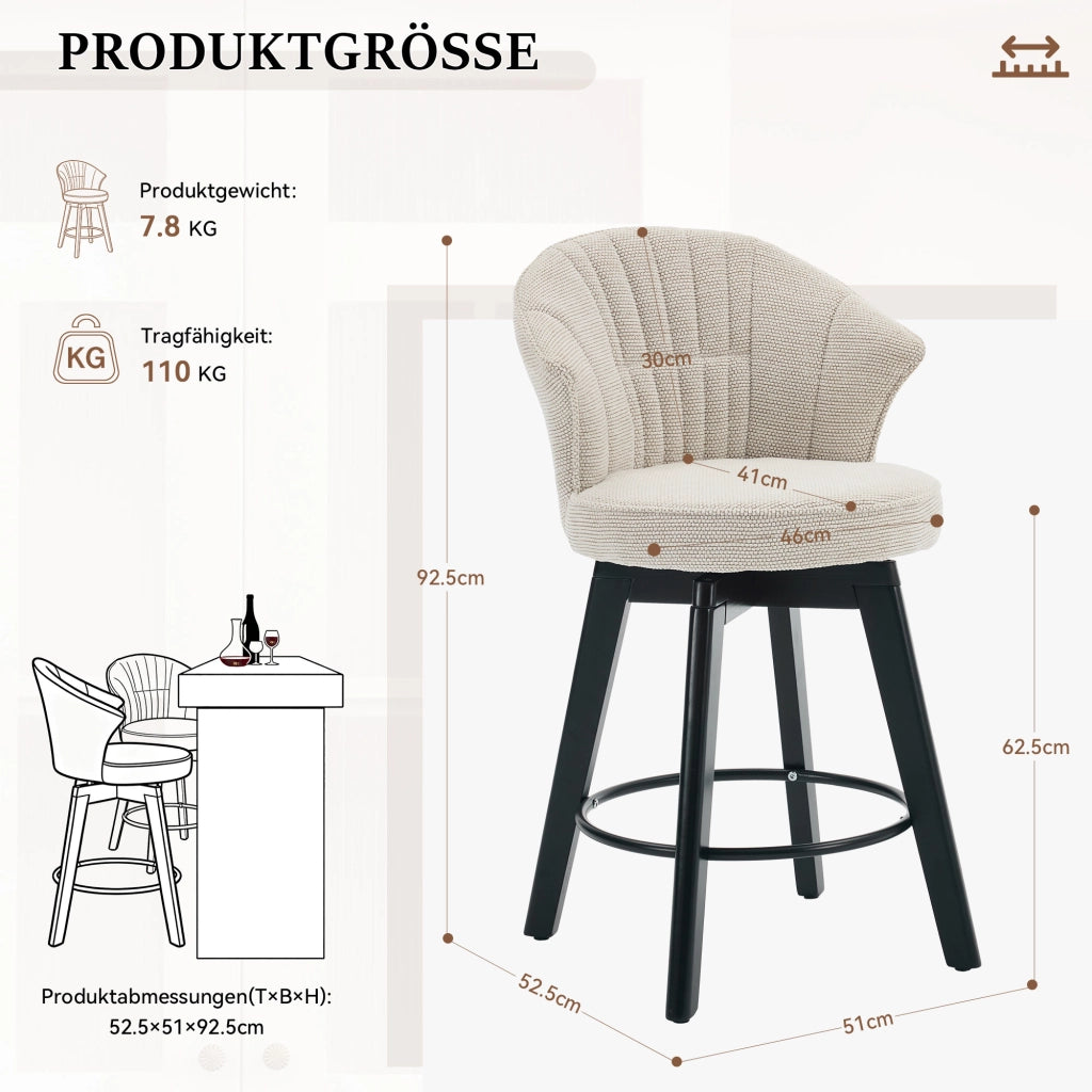 Sgabello da bar girevole moderno in chenille con schienale e poggiapiedi, beige