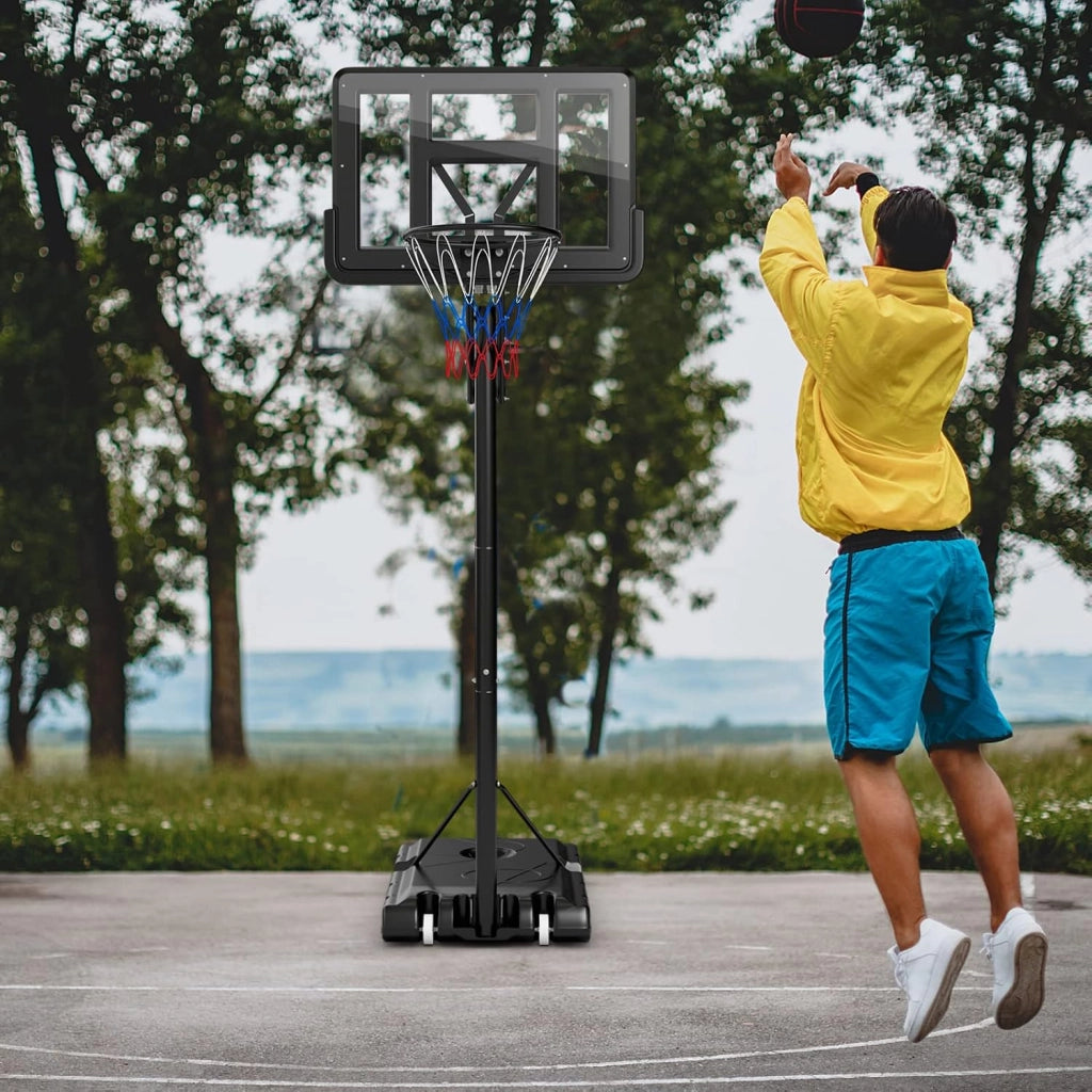 Canestro Basket per Esterno in PE, 10 Livelli di Altezza Regolabile 143-305 cm, Supporto da Basket Portatile con Ruote, Base, Pallacanestro per Interni, per Bambini e Adulti