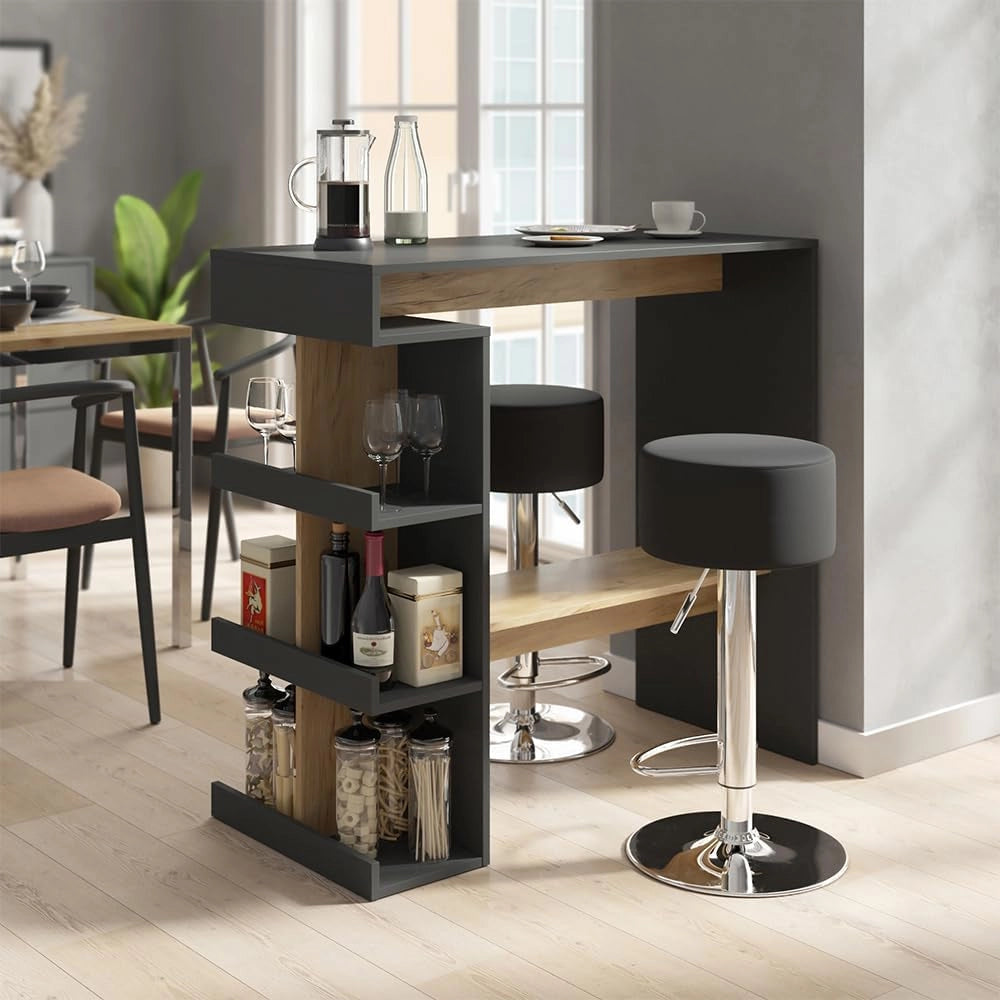 tavolo bar con sgabelli Dana, Antracite/quercia dorata, 108 x 50 cm con 2 sgabelli da bar