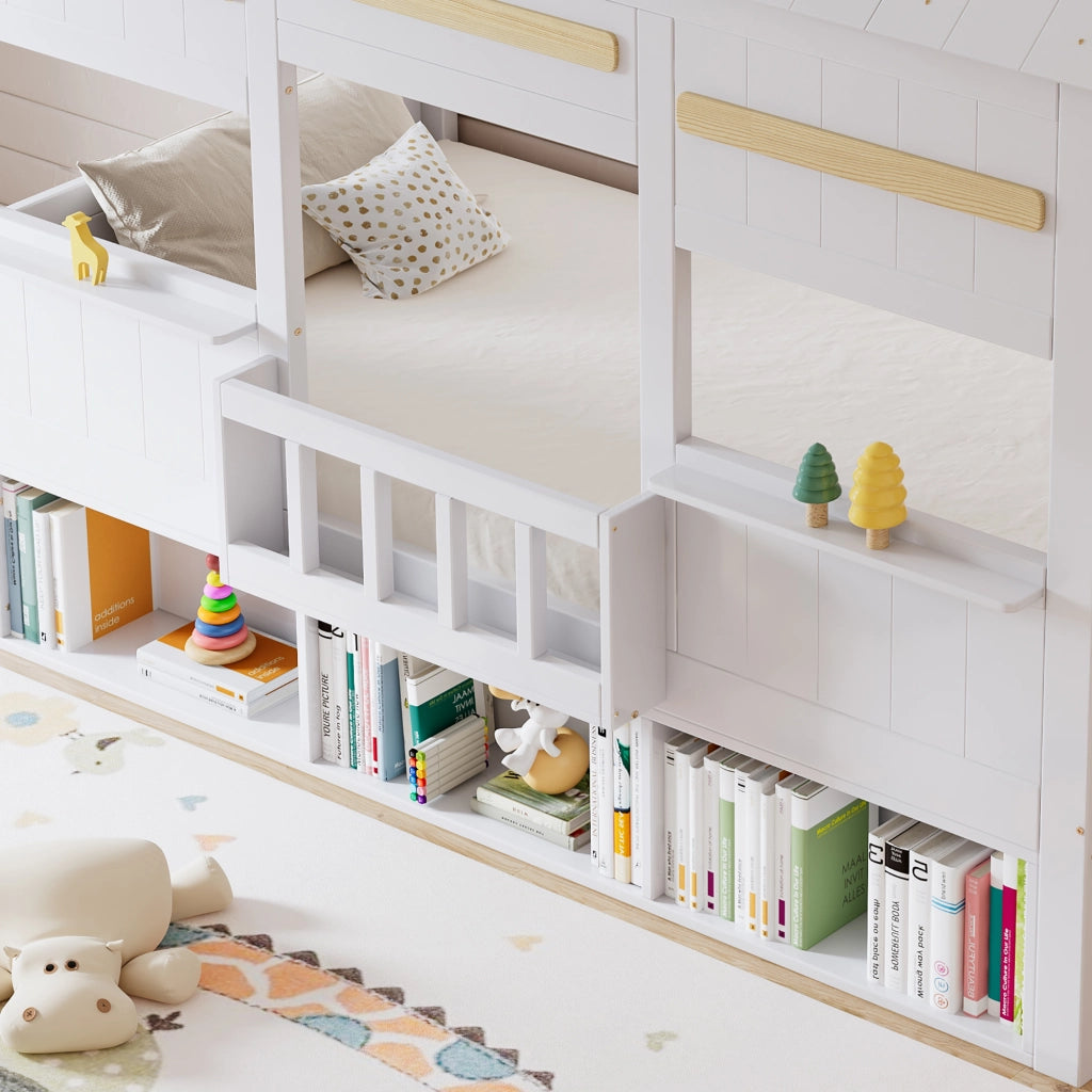 Letto a soppalco per bambini 90 × 200 cm con libreria integrata e struttura stabile, senza materasso, bianco