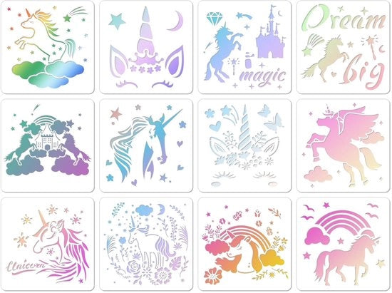 Serie di stencil 12 pezzi - Stencil per parete riciclabile - Stencil unicorn/pittura - Stencil in plastica - 20 cm x 20 cm - Facile da utilizzare