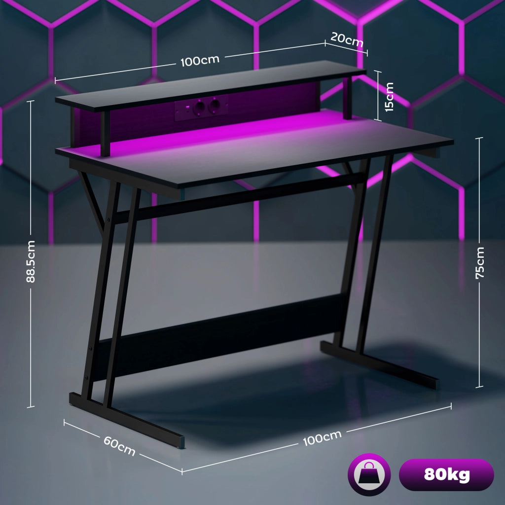 Scrivania Gaming con Luci LED e Supporto per Monitor, in Truciolato e Acciaio, 100x60x88.5 cm, Nero