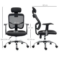Sedia da Ufficio Ergonomica con Seduta Regolabile e Poggiatesta, in Poliestere e Acciaio, 63x62x106-114 cm, Nero