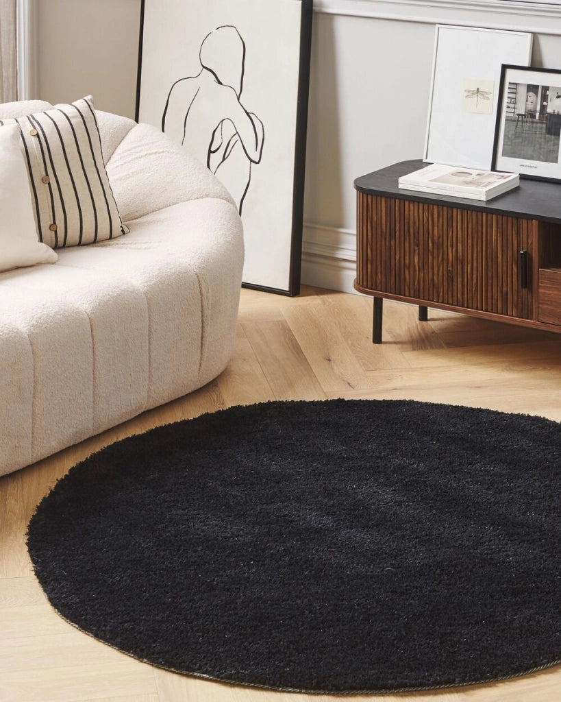 Tappeto shaggy Nero da 140 cm moderno tappeto rotondo trapuntato a Pelo Lungo