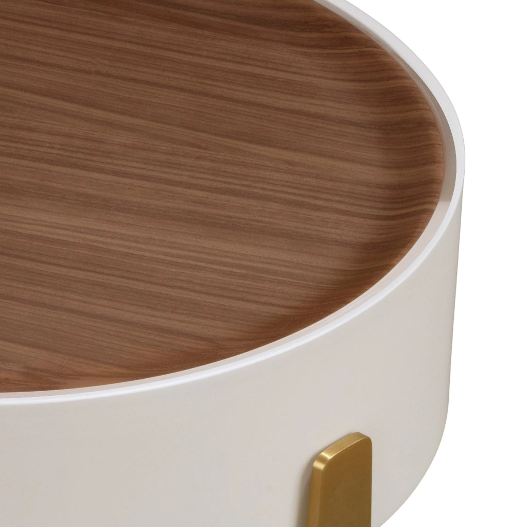 Tavolo angolare rotondo in noce, legno beige e acciaio lucido placcato oro