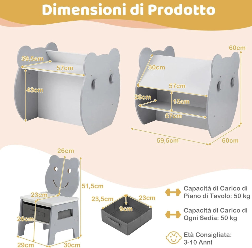 Set Tavolo e Sedia per Bambini 3+ Anni, Tavolo Multifunzionale con Lavagna Bifacciale, Ripiano e 4 Ganci Laterali, Sedia Comoda con Cassetto Rimovibile per Cameretta e Asilo (Grigio)