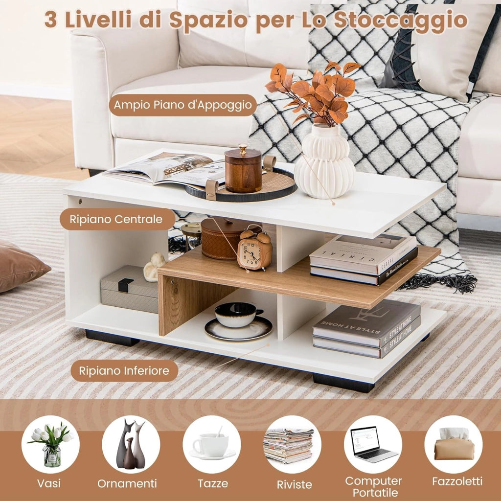 Tavolino da Caffè Rettangolare, Tavolo da Salotto Moderno con Mensola Centrale a Forma di L, Tavolino a 3 Livelli per Soggiorno, Sala di Ricevimento e Ufficio (Bianco)