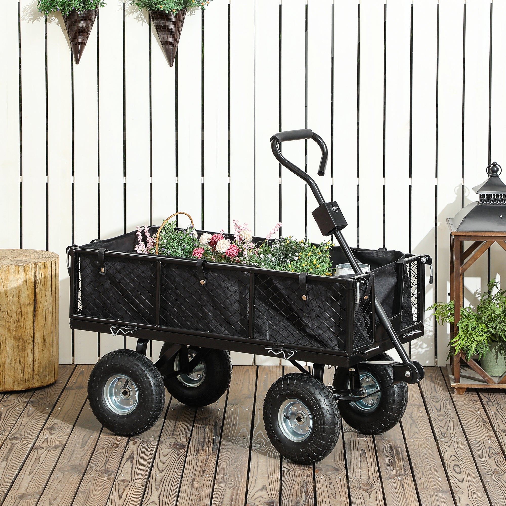 Carrello da Giardino 105x51x54 cm da 114L con Sacca Portaoggetti e Pareti Rimovibili in Acciaio Nero