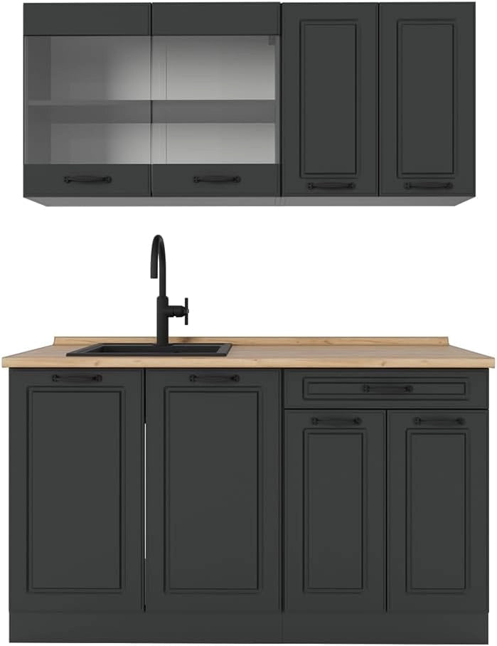Cucina completa R-Line, Casa di campagna antracite/antracite, 140 cm senza piano di lavoro