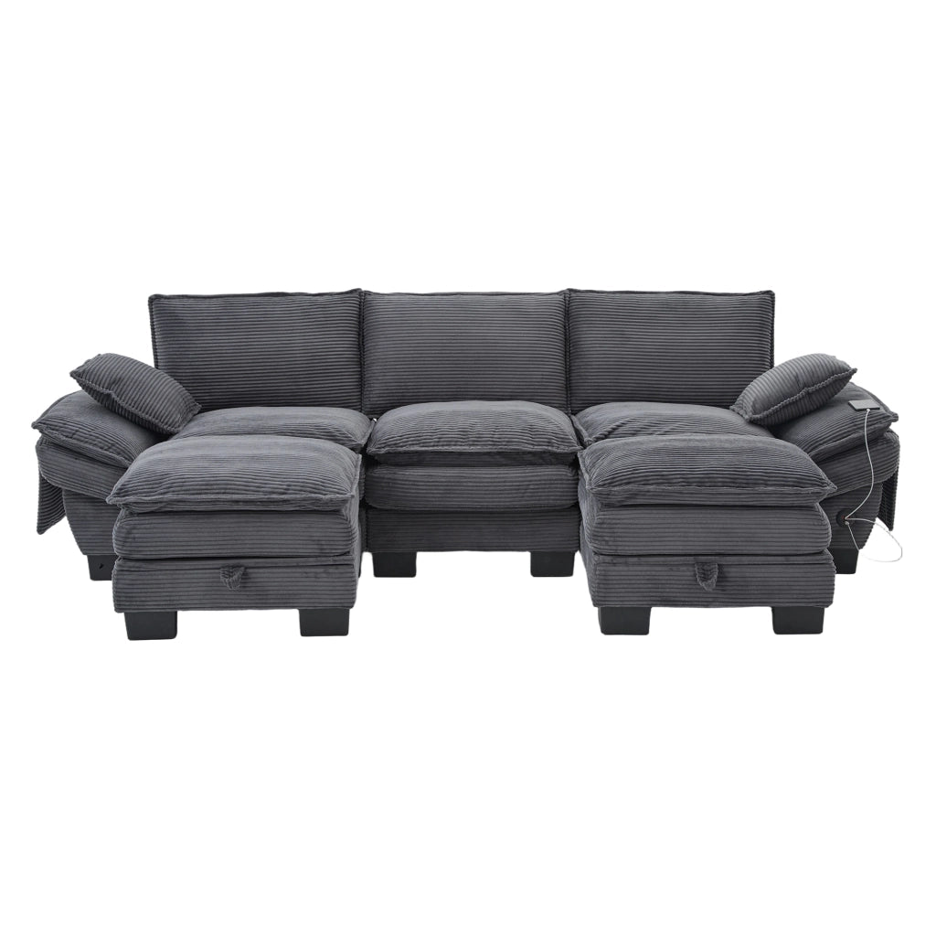 Divano modulare 3 posti in tessuto corduroy grigio scuro con 2 pouf; 260x132x84 cm