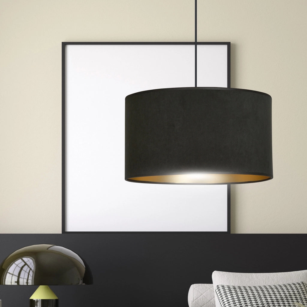 Sospensione 1 Luce Ganesha In Acciaio Nero E Paralume In Tessuto Nero