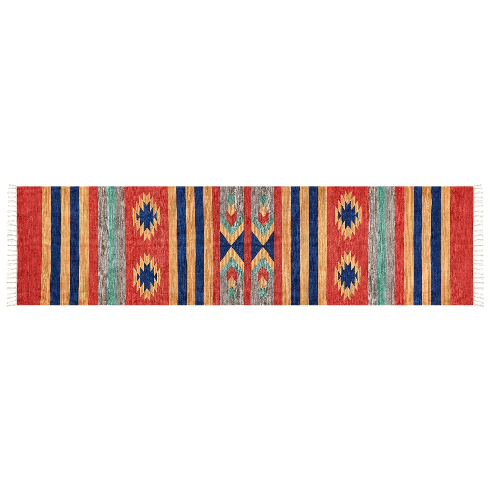 Tappeto Kilim multicolore in cotone 80 x 300 cm tessuto a mano a trama piatta reversibile con motivi geometrici e frange, tradizionale Boho, per il soggiorno e la camera da letto.