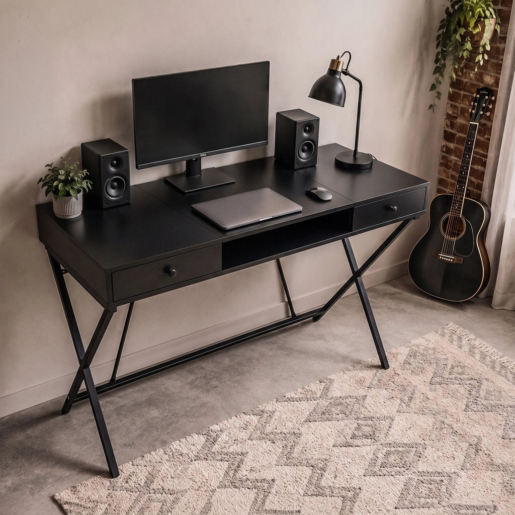 Scrivania PC industriale Nero CROSSLINE 120 cm 2 cassetti 1 ripiano gambe nere