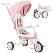 Triciclo per Bambini 5 in 1 con Maniglione di Spinta e Copertura Rimovibile, 96.5x49x101 cm, Rosa