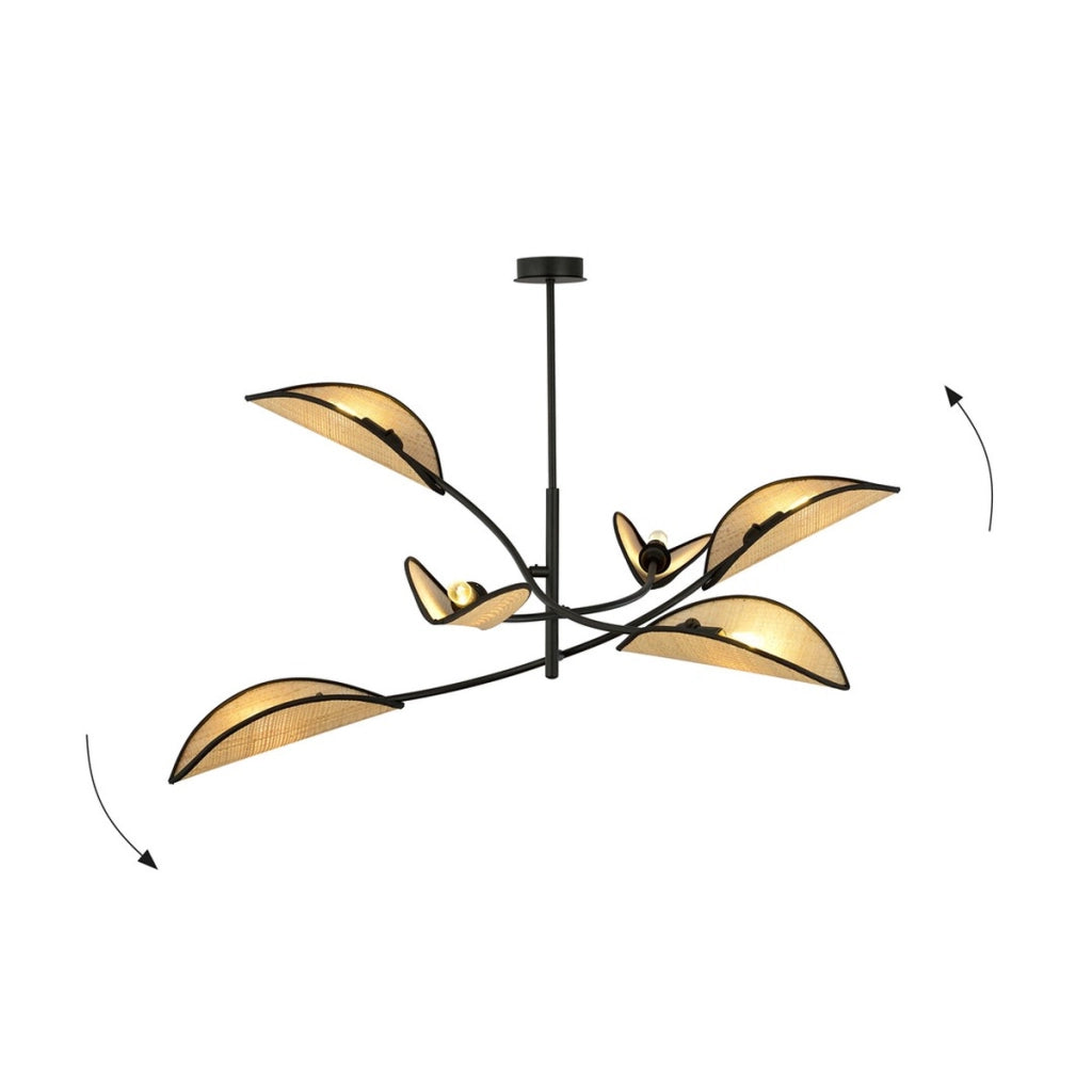 Lampada a sospensione Lotus in acciaio nero e rattan