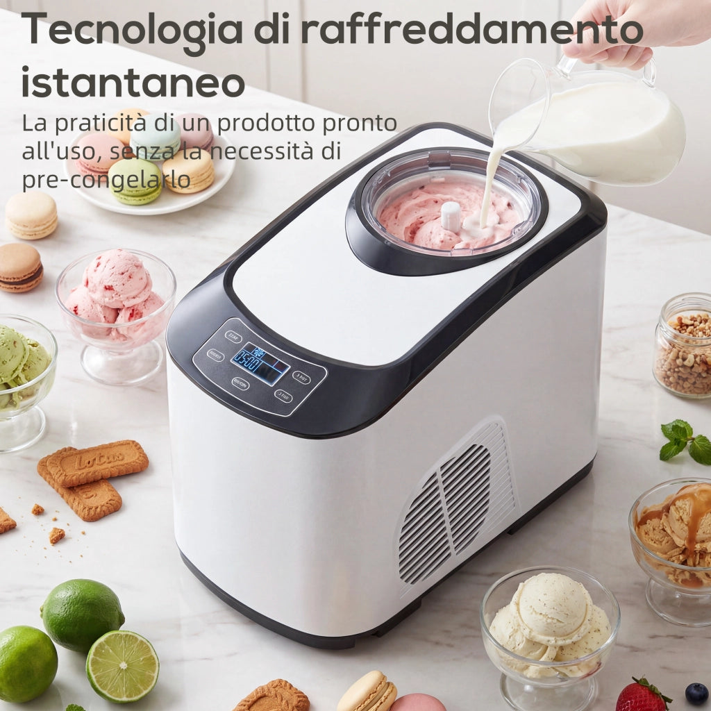 Gelatiera con Compressore Integrato 1,5L Modalità Morbida e Dura Funzione Auto-Mantenimento al Freddo Bianco
