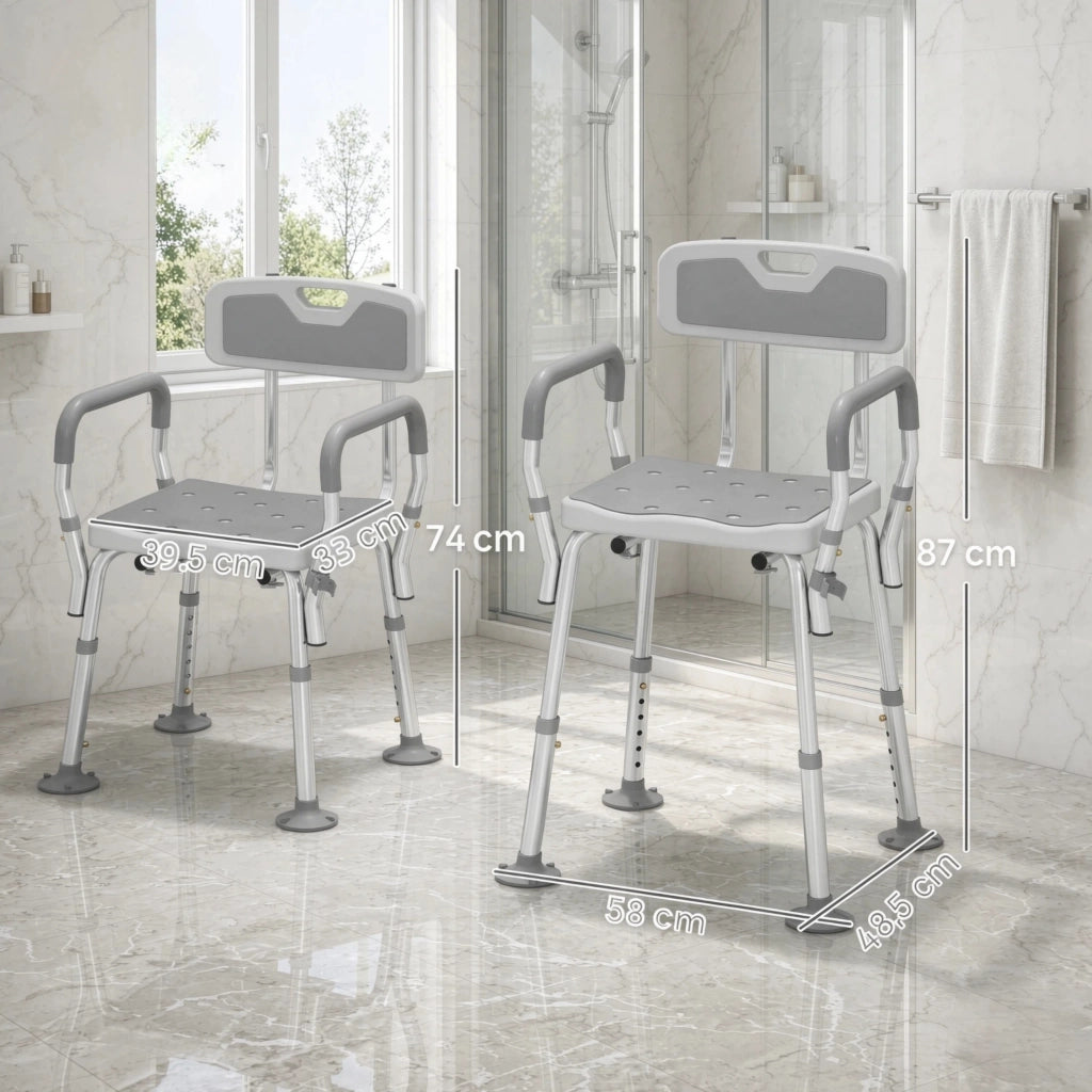 Sedia da doccia con schienale, altezza regolabile e piedini antiscivolo in alluminio e HDPE grigio