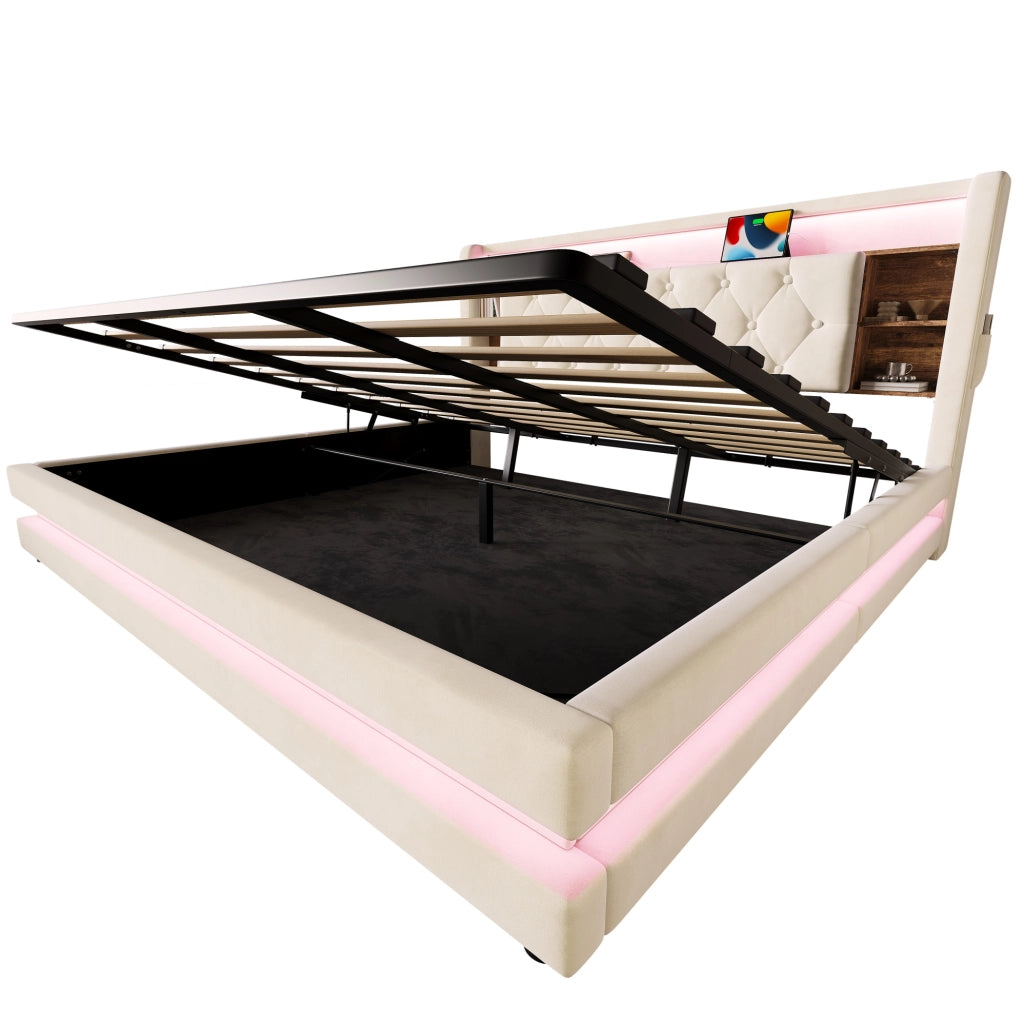 Letto contenitore imbottito 180x200 cm in velluto beige con testiera multifunzionale, LED, USB e tipo C