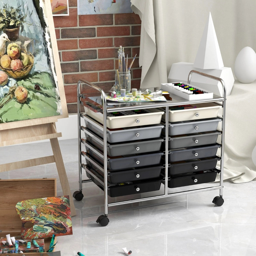 Carrello portaoggetti con 12 cassetti e ampio piano di lavoro, Cassettiera con 4 ruote per soggiorno e cucina Grigio Sfumato-Carrelli