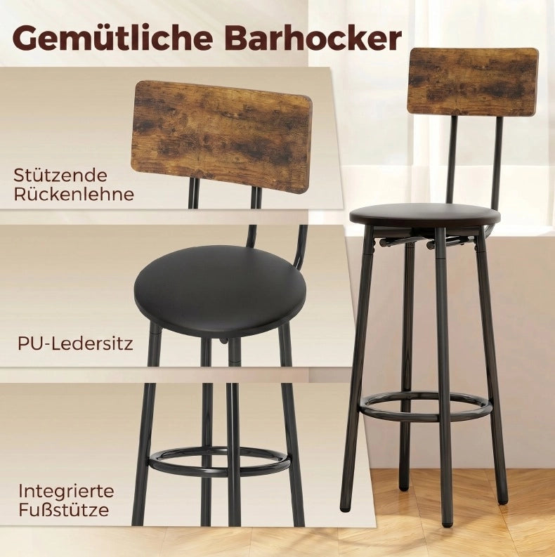 Set tavolo bar industriale con 2 sgabelli imbottiti marrone rustico